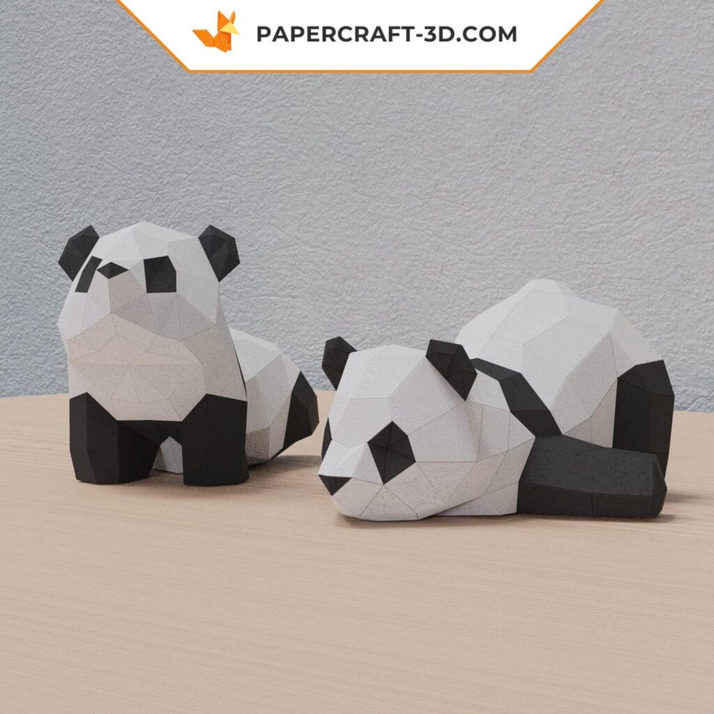 Papercraft of two pandas in 3D origami