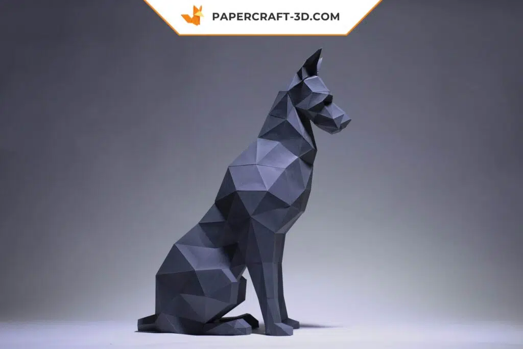 Papercraft Doberman assis en origami papier 3D, weergave 2