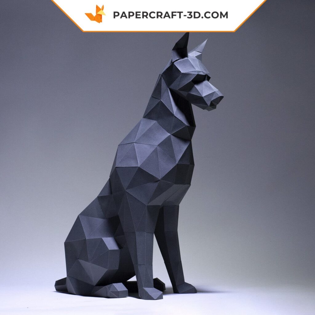 Papercraft of Doberman sitting in 3D origami