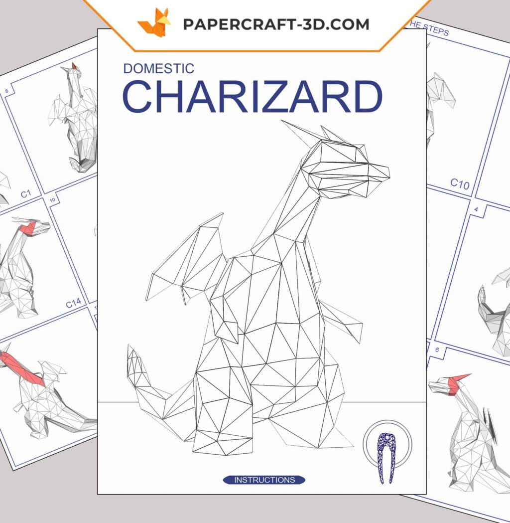 Papercraft Charizard em pé Pokémon em origami 3D