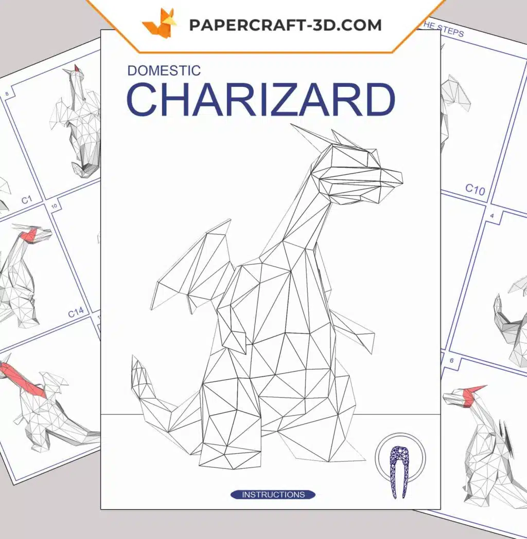 Papercraft Charizard Pokémon de pie en origami 3D, vista 4