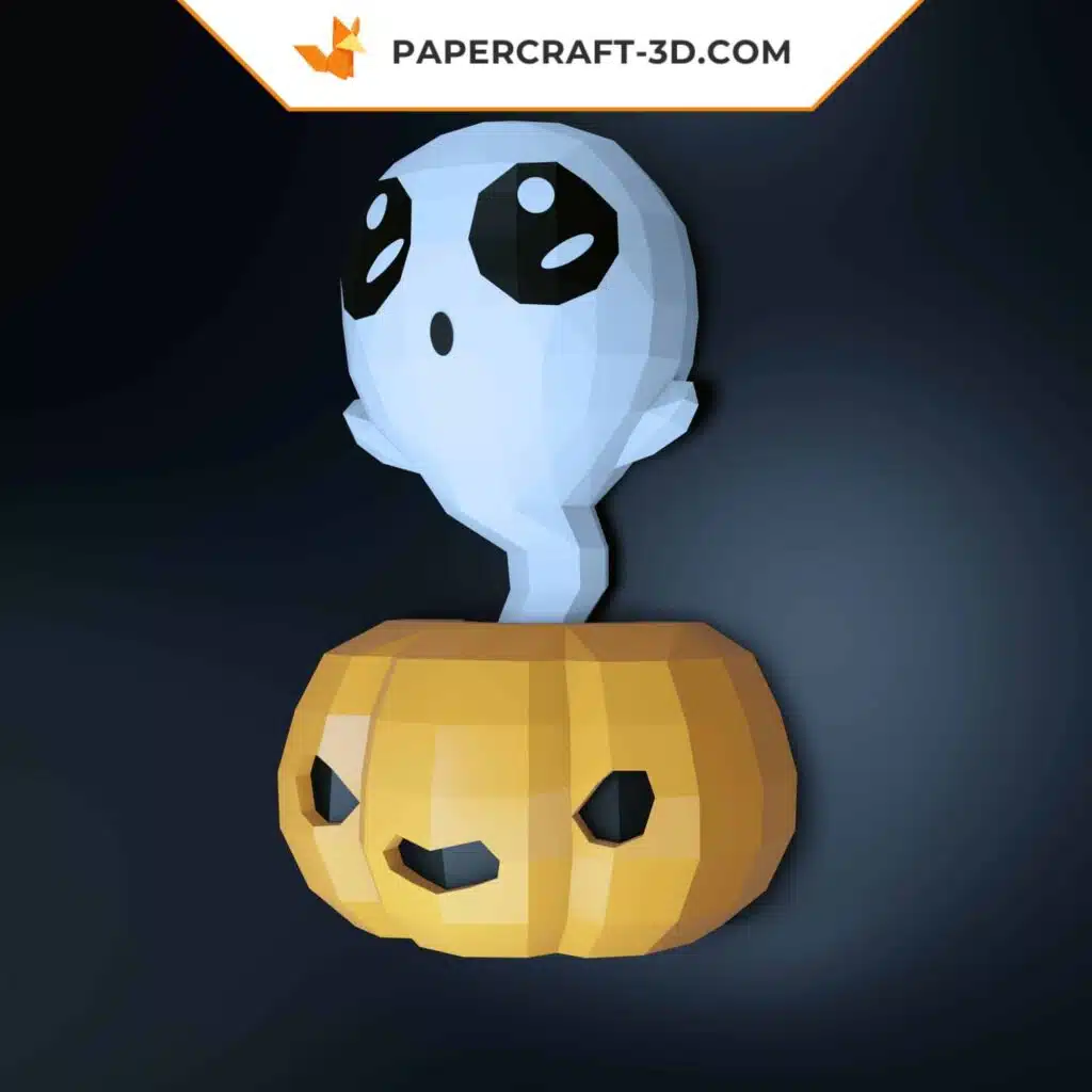 Papercraft Fantôme en Citrouille pour Halloween, Modèle DIY 3D en Papier Origami, weergave 2