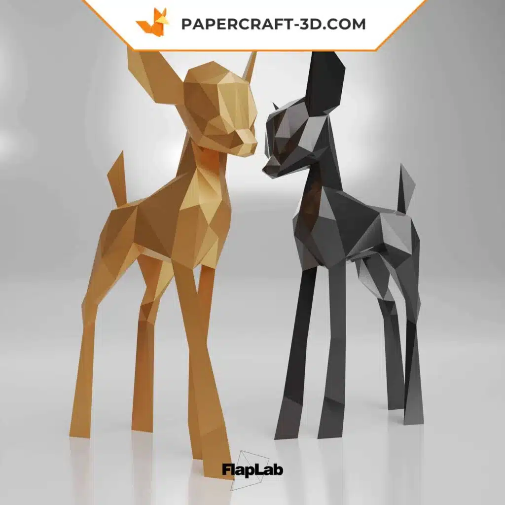 Papercraft di cerbiatto tenero in origami 3D, vista 3