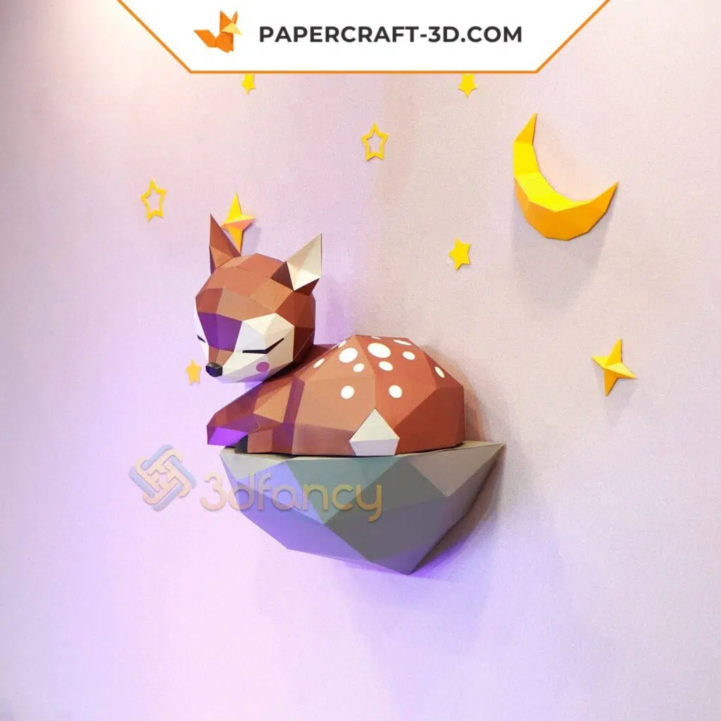 Papercraft cerbiatto su roccia in origami, vista 4