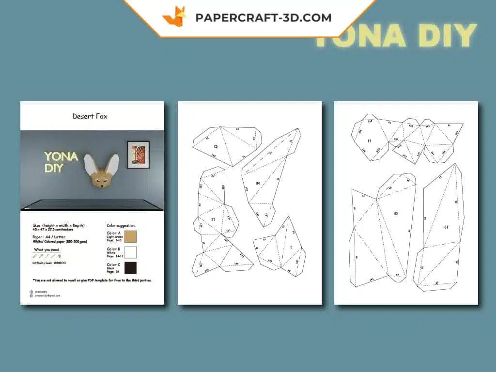 Papercraft Fennec en origami de papier 3D, weergave 7