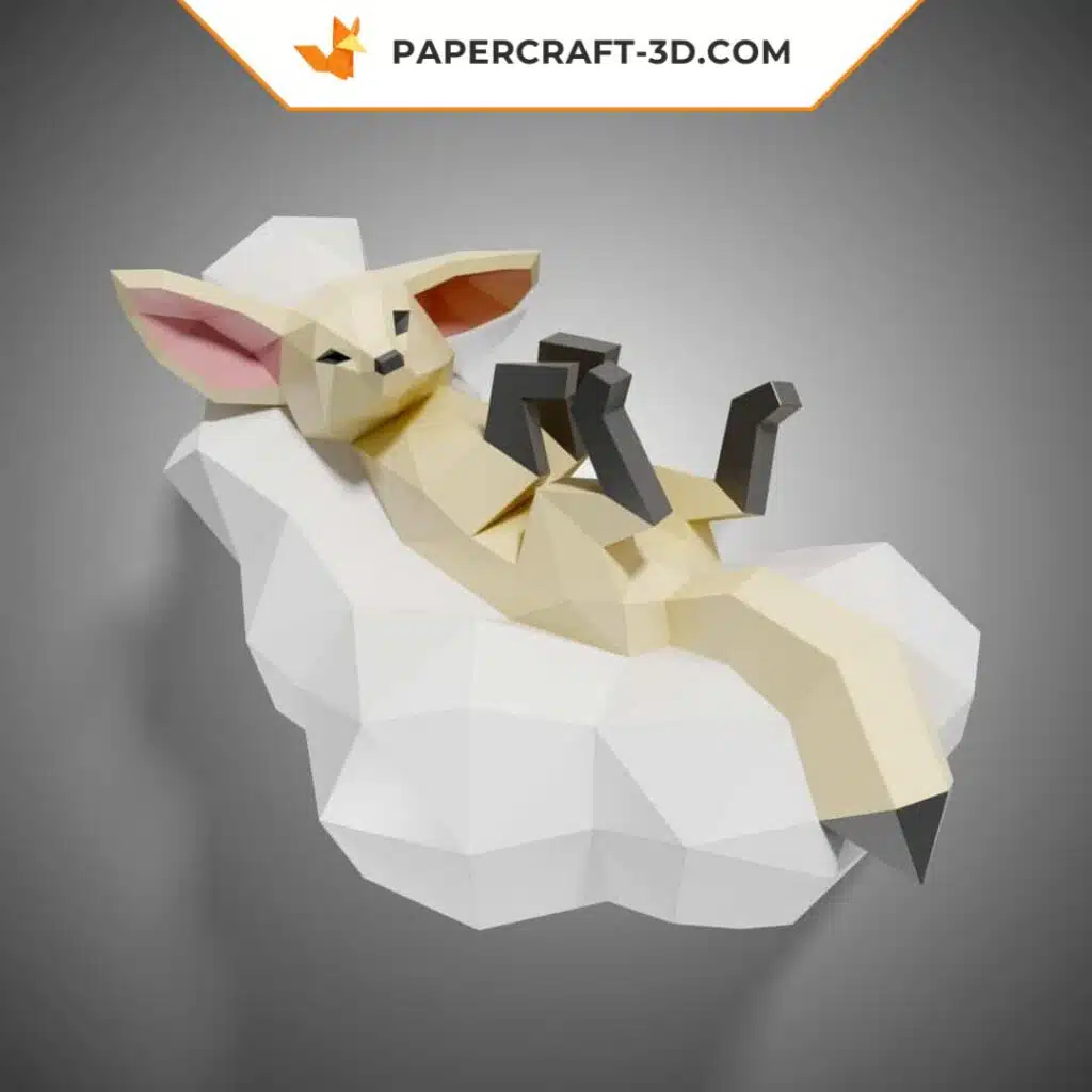 Papercraft de fénec sobre nube en origami 3D
