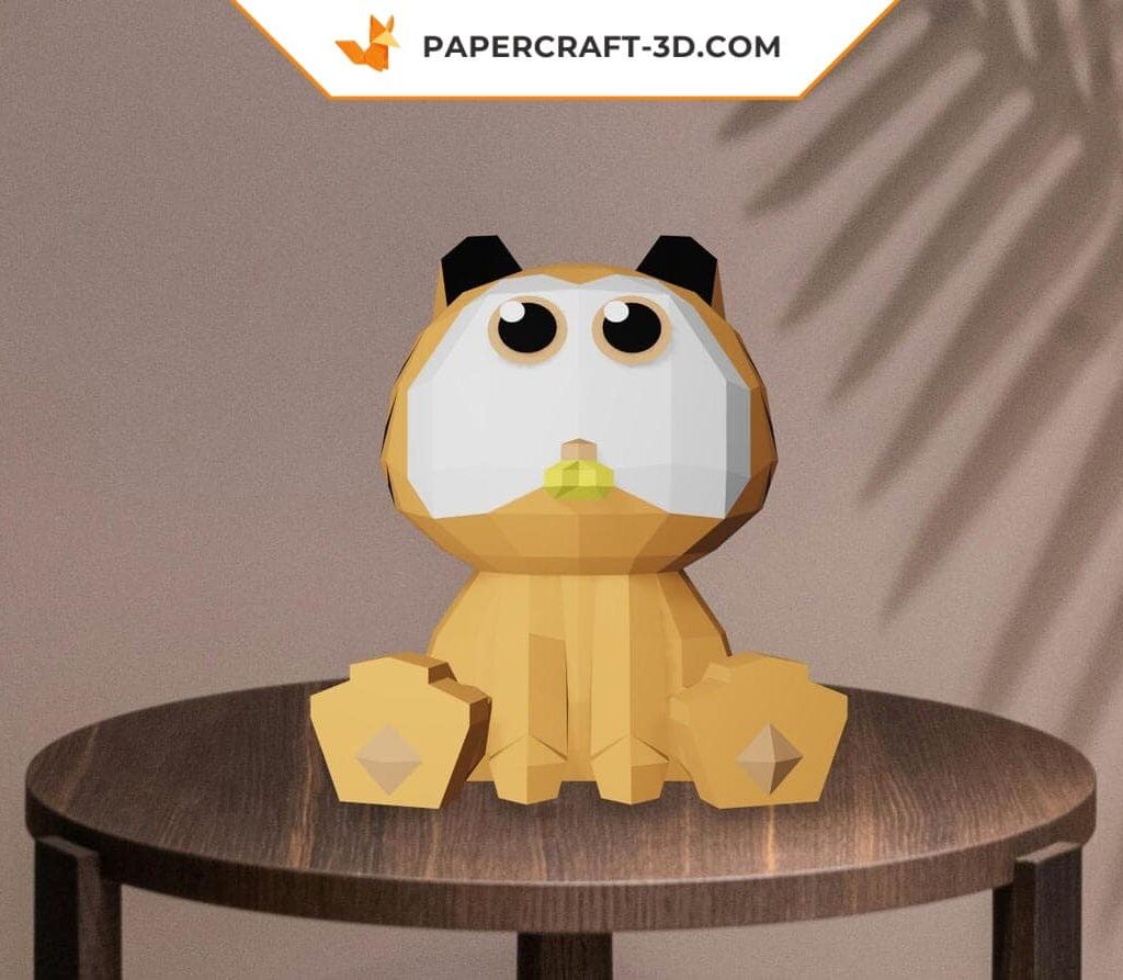 Papercraft kleiner orangefarbener Kater mit großen Augen als 3D-Origami