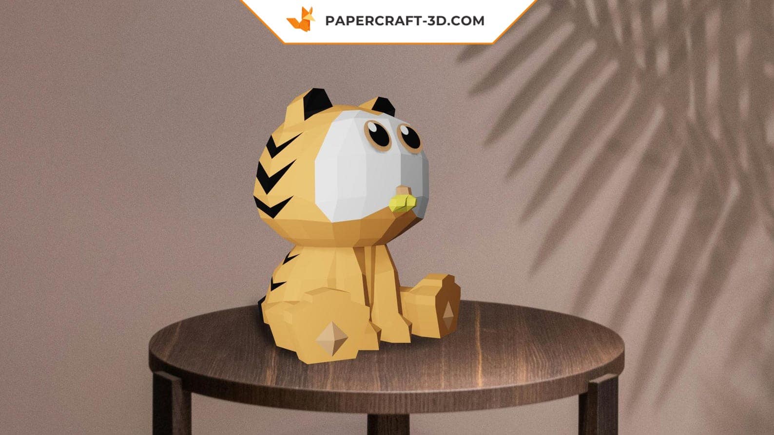 Papercraft orange kitten with big eyes in 3D origami