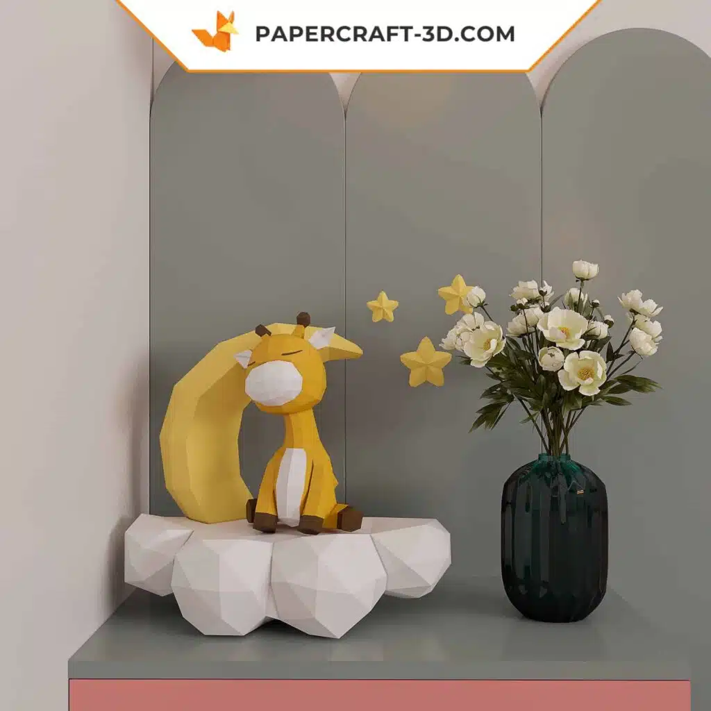 Papercraft schlafende Giraffe auf dem Mond, 3D-Papiermodell