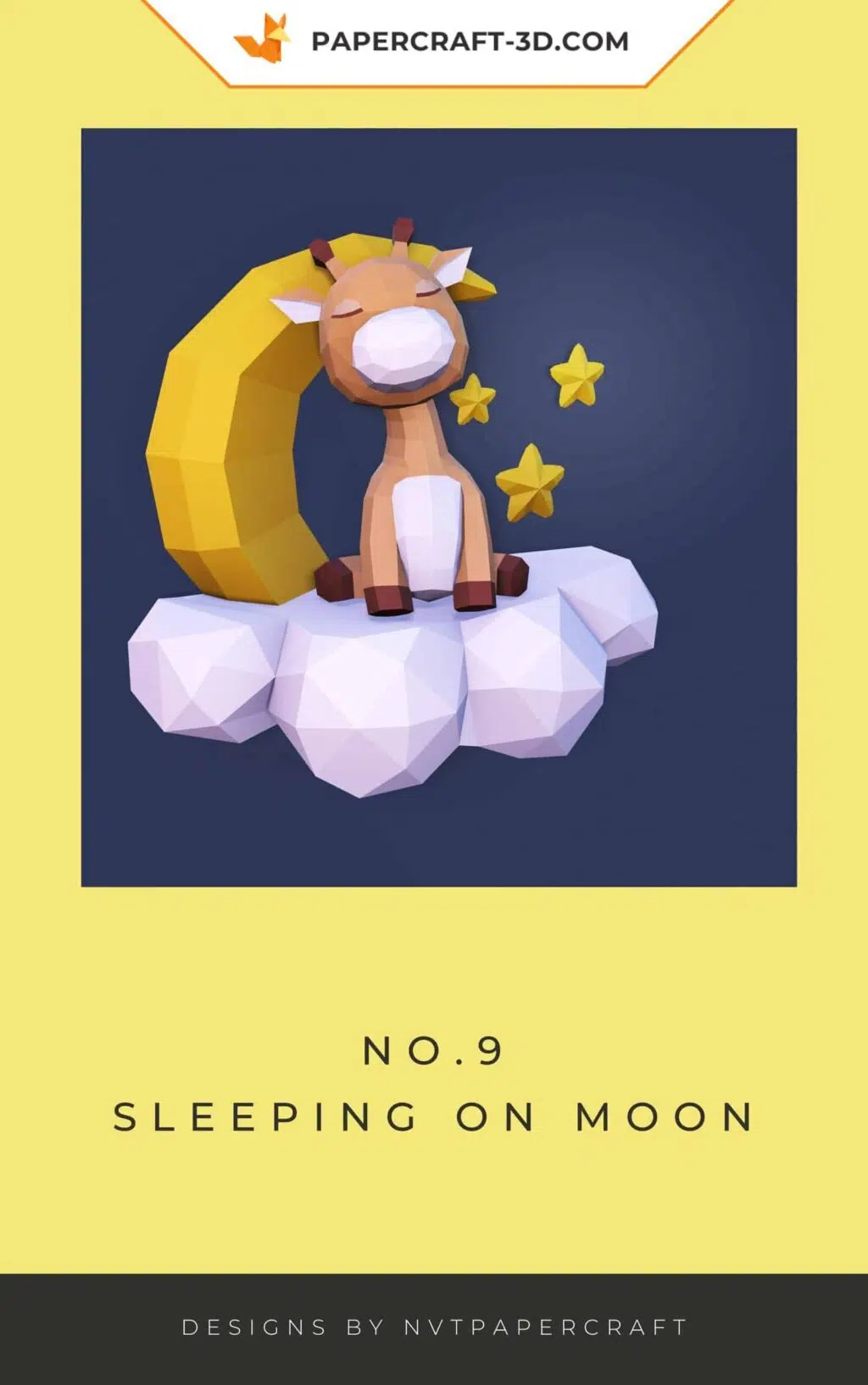 Papercraft girafa adormecida na lua, modelo em papel 3D