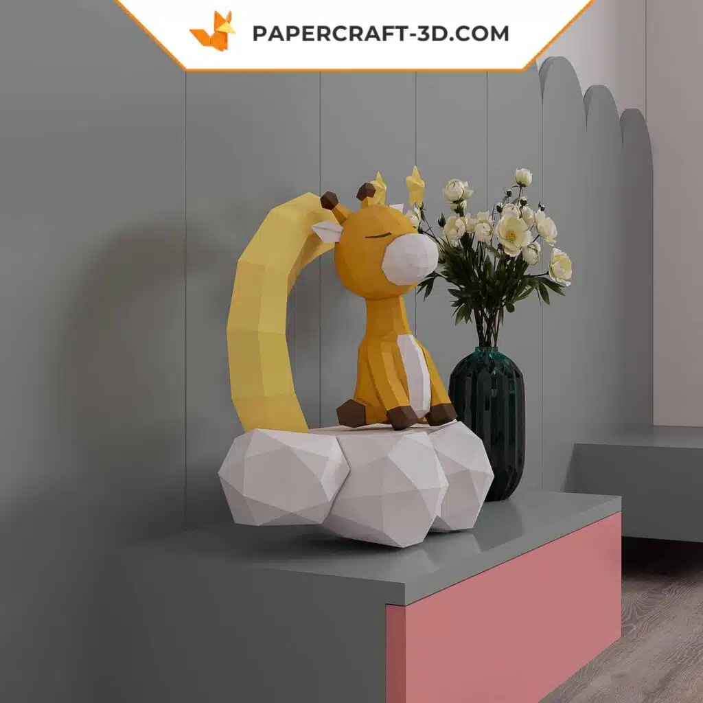 Papercraft giraffa addormentata sulla luna, modello in carta 3D, vista 4