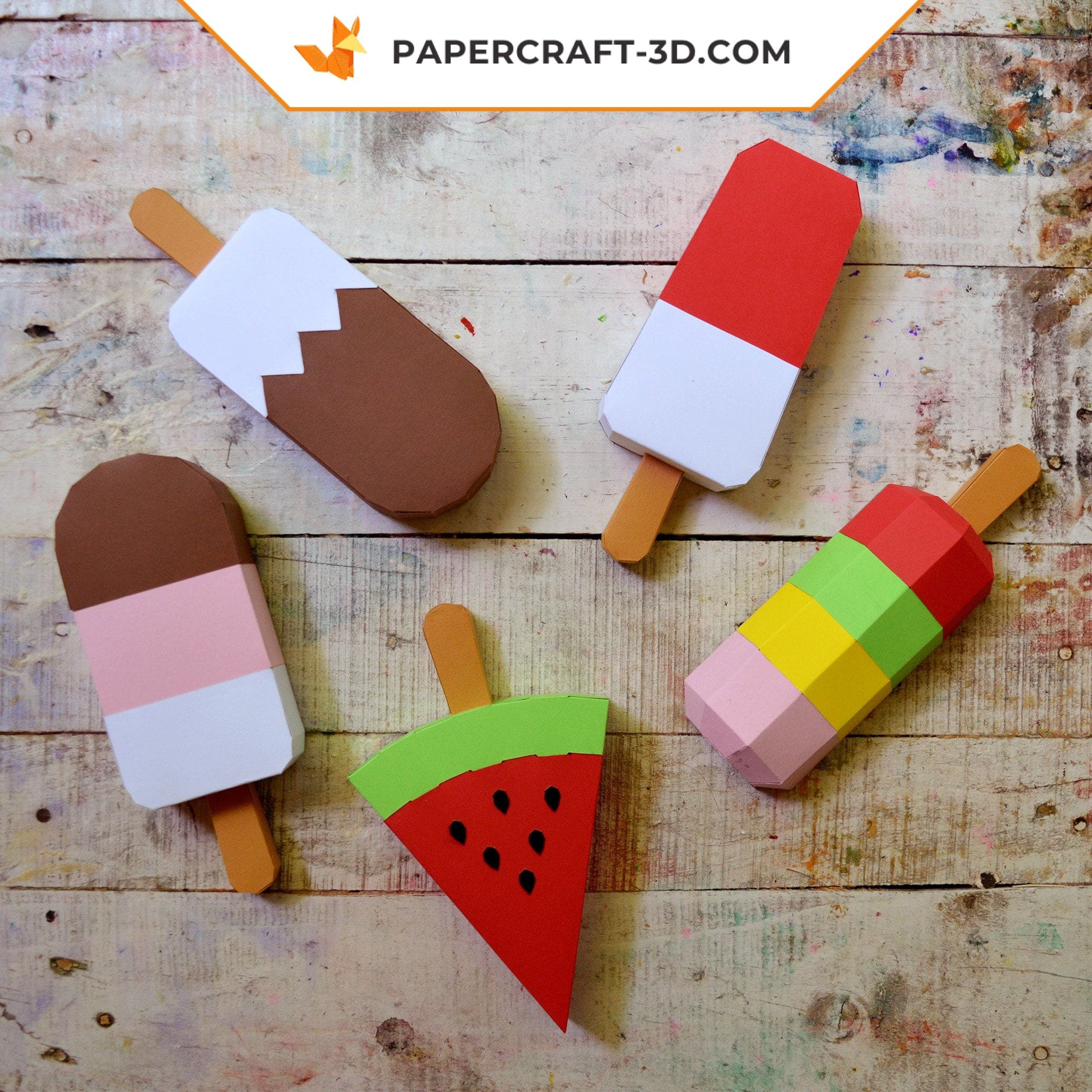 Papercraft of ice cream popsicles in 3D origami