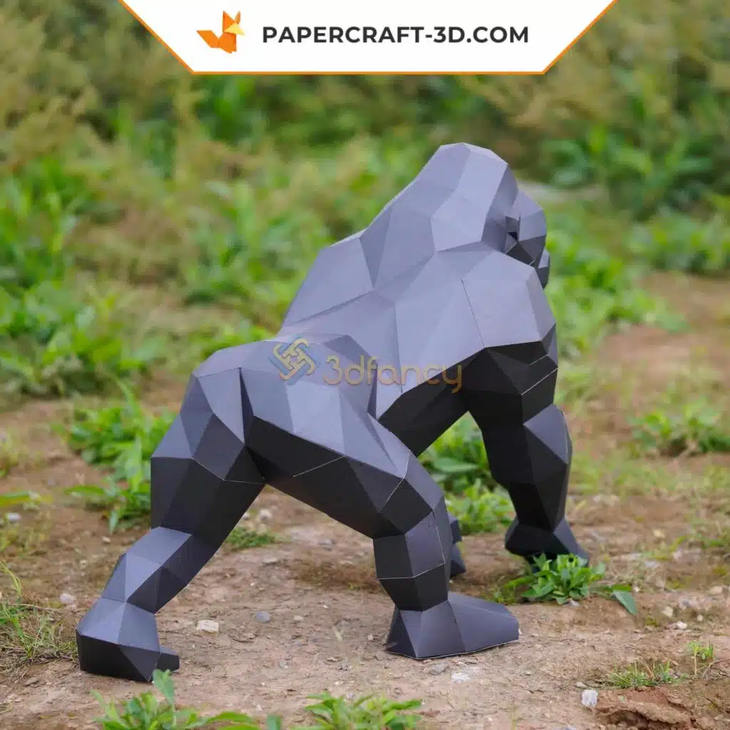 Papercraft de gorila gris a cuatro patas en origami 3D