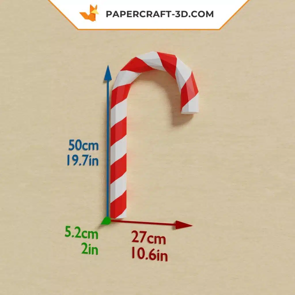 Papercraft grande canne de Noël en origami papier 3D DIY, vue 2