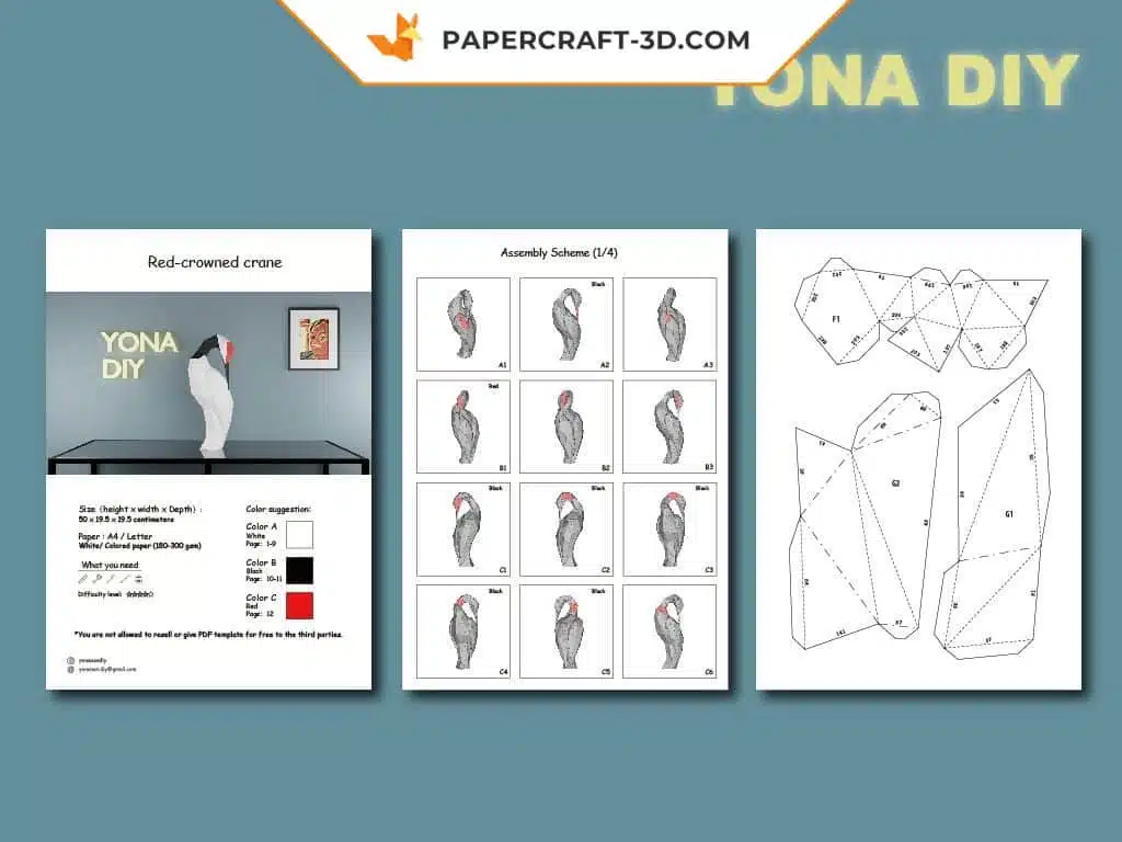 Papercraft de grou-coroada-vermelha em origami, detalhe