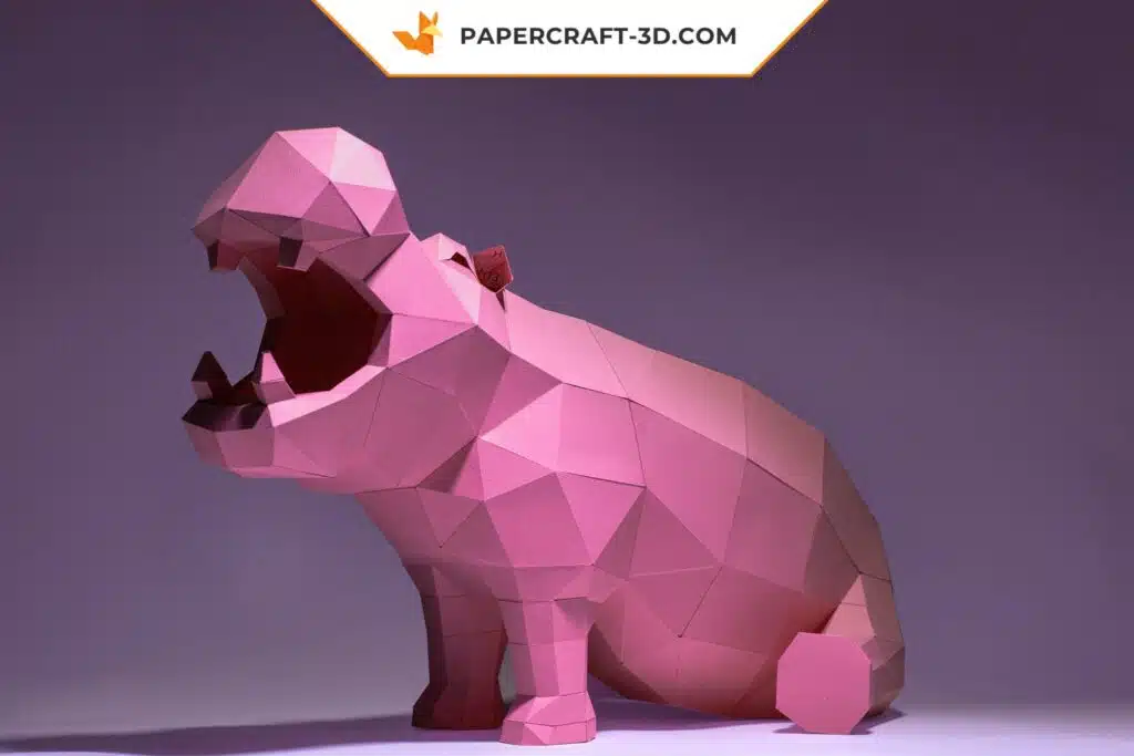 Sitzendes Nilpferd als 3D-Origami-Papercraft, Ansicht 3
