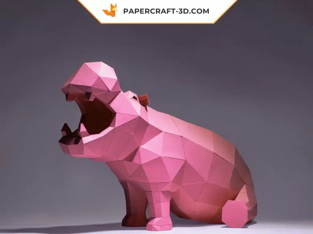 Sitzendes Nilpferd als 3D-Origami-Papercraft, Ansicht 2