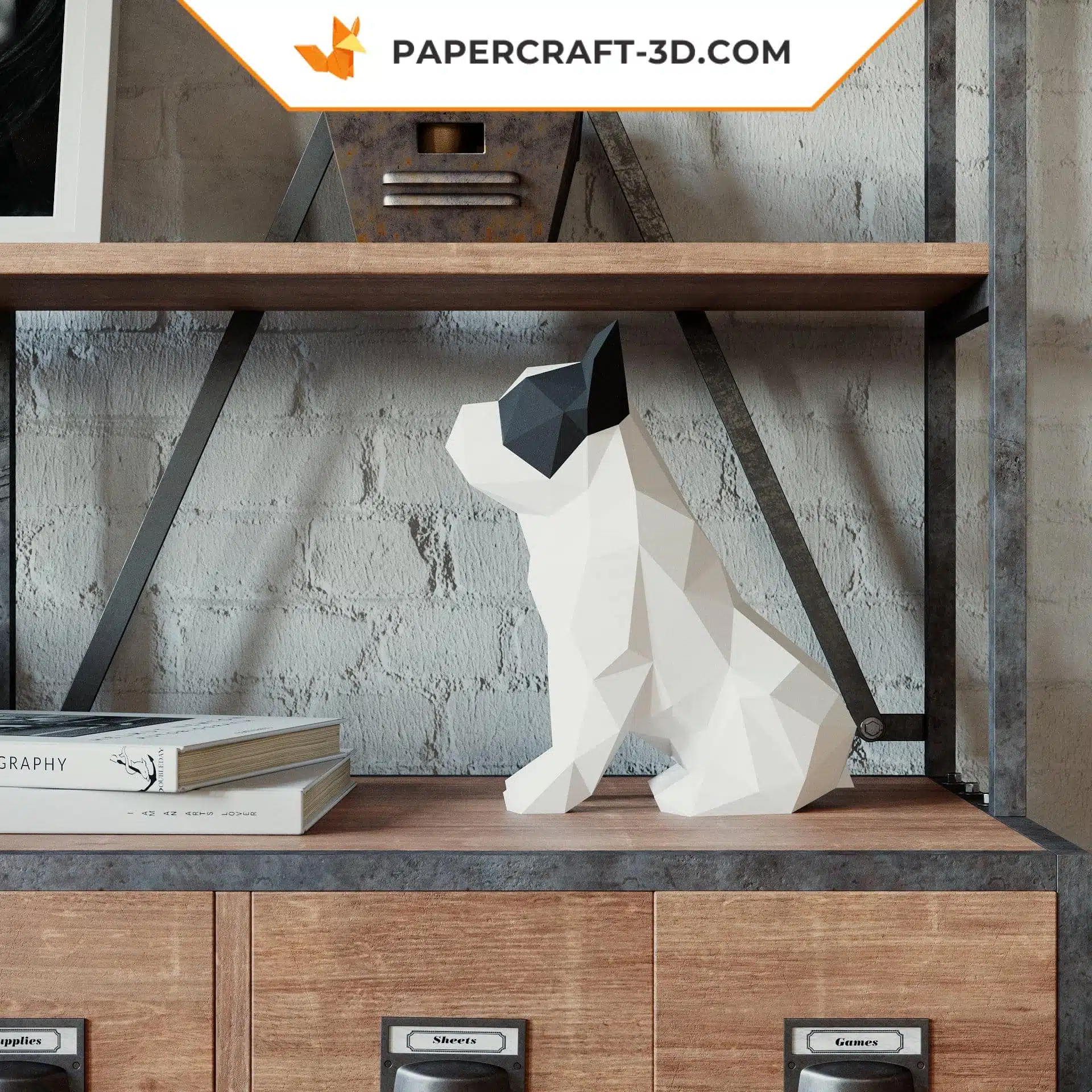 Papercraft kit bouledogue français origami papier 3D, weergave 5