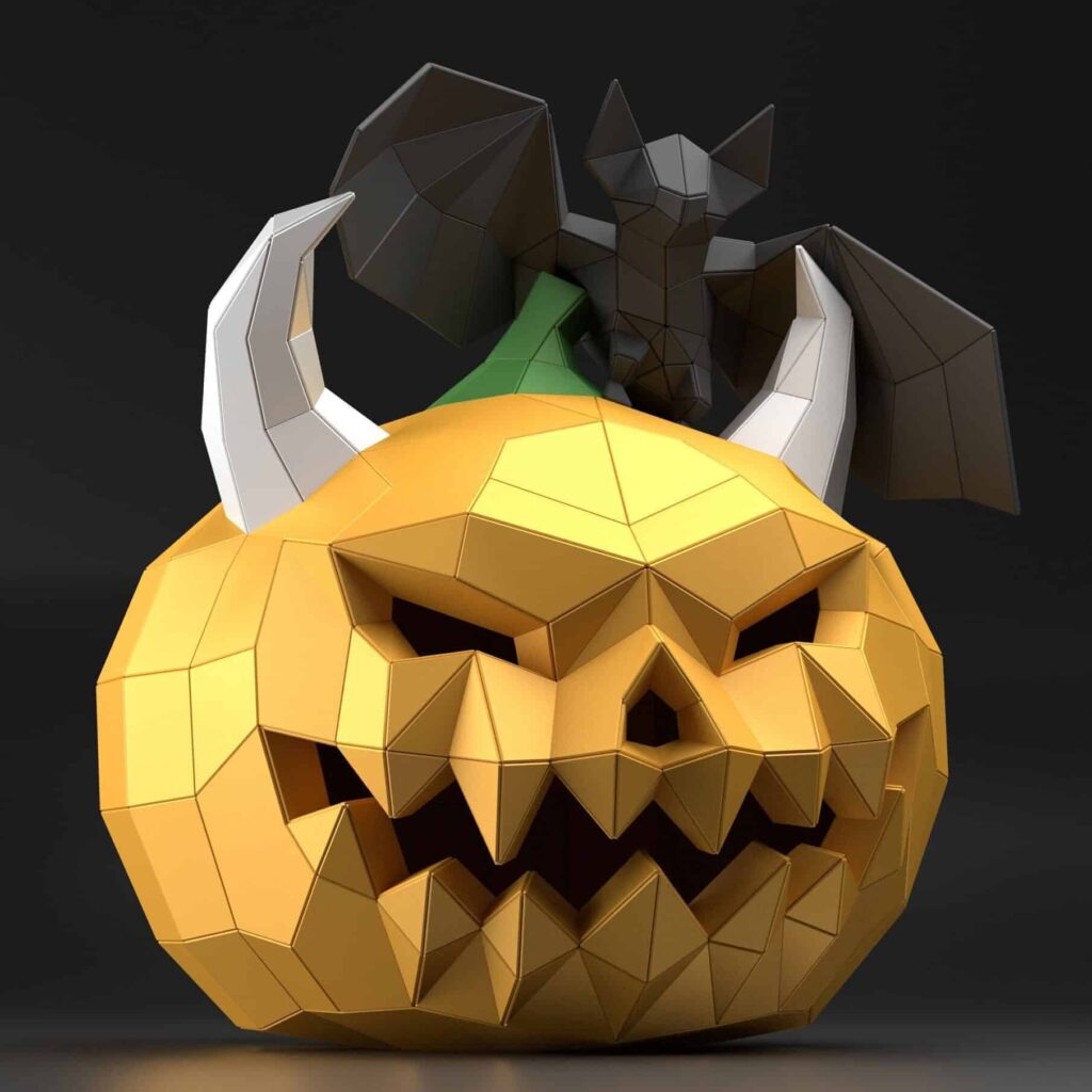 Papercraft pumpkin and bat in Halloween origami