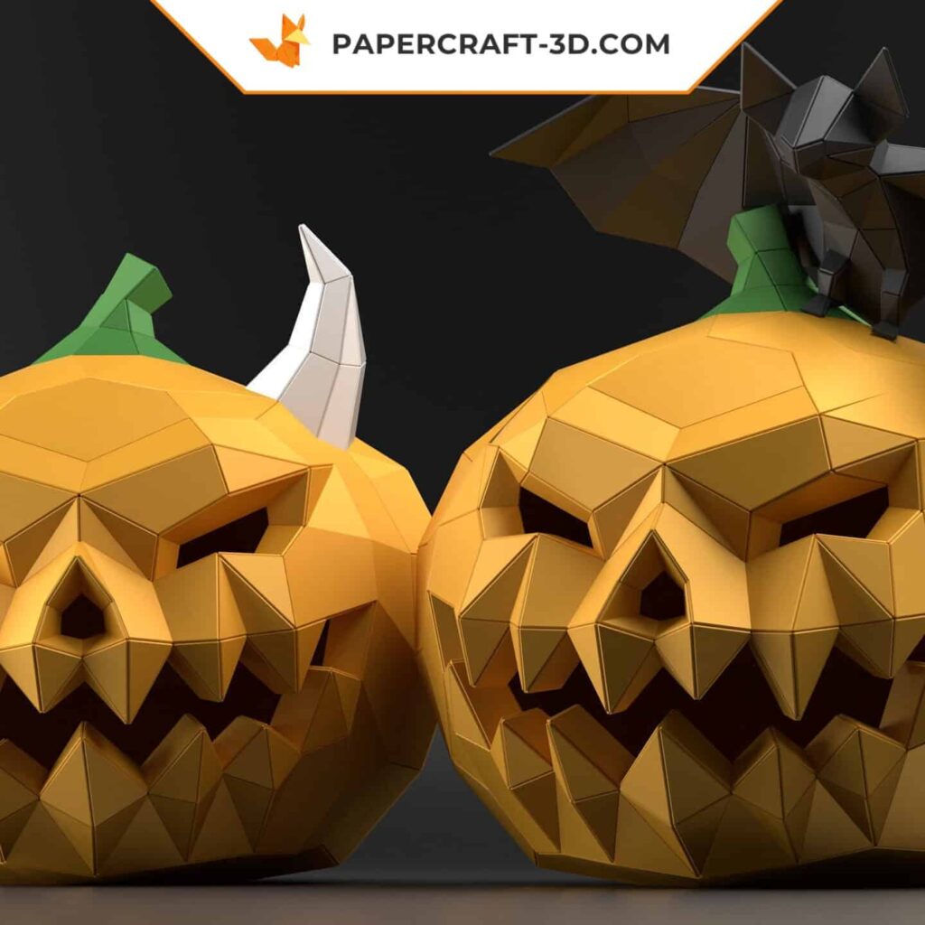Papercraft pumpkin and bat in Halloween origami
