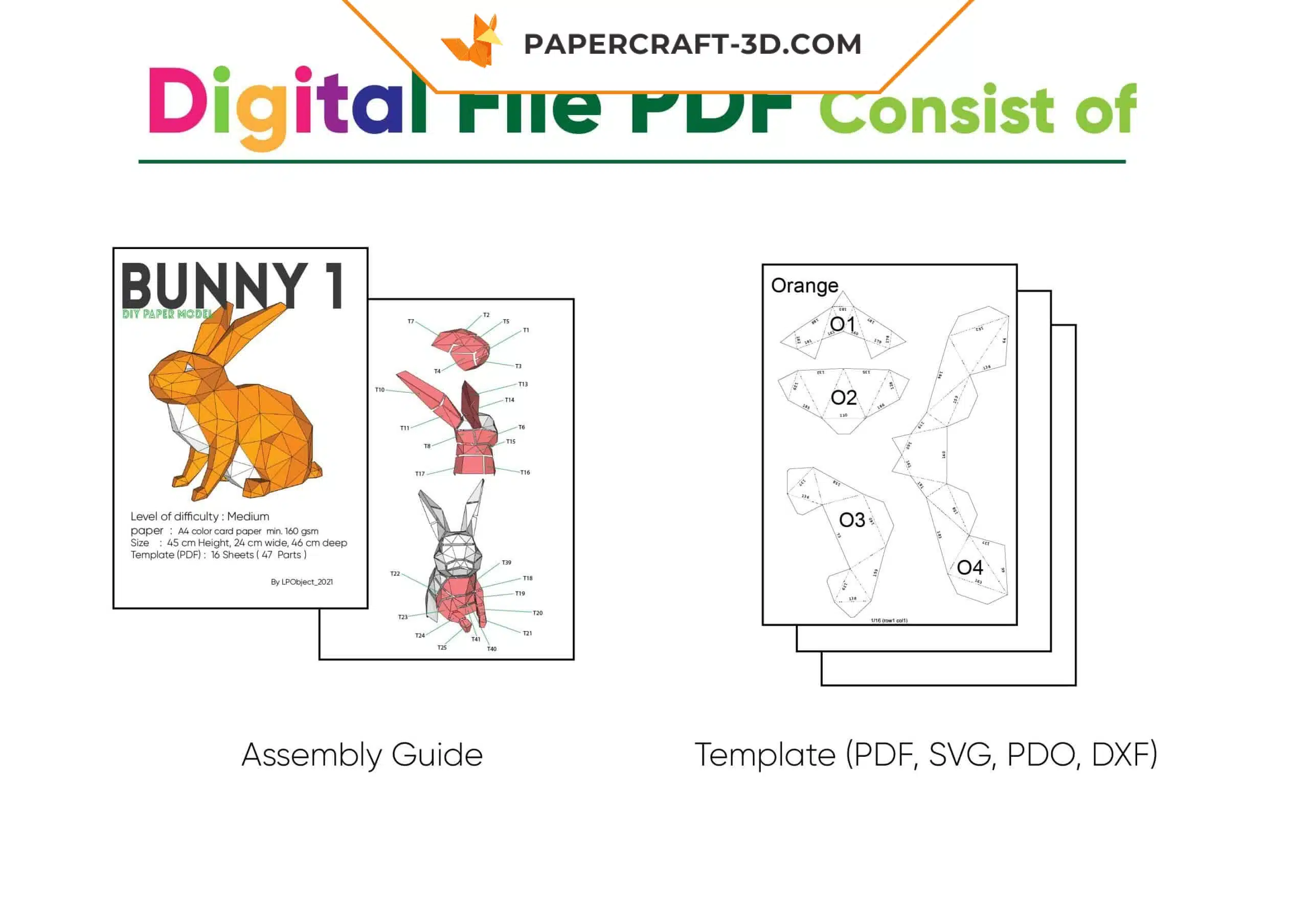 Papercraft lapin assis origami papier 3D modèle numérique PDF DIY, weergave 4