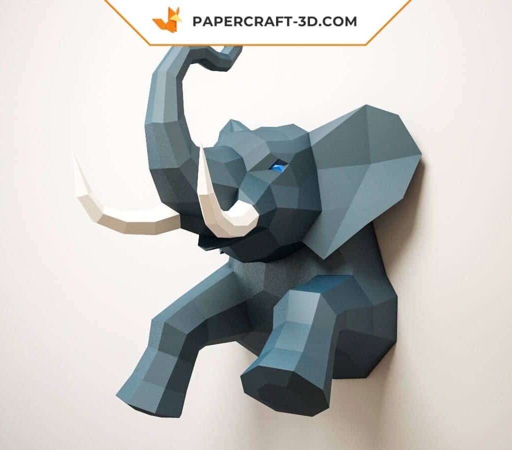 Papercraft meia cabeça de elefante mural em origami