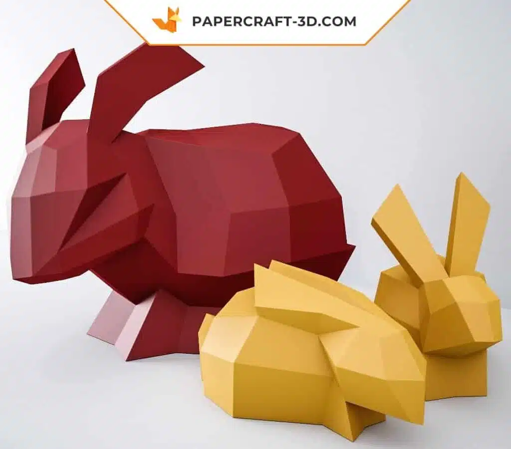 Papercraft de coelho vermelho e amarelo em origami 3D