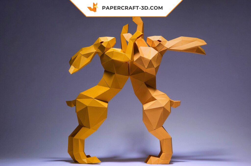 Papercraft de combate de coelhos em origami 3D