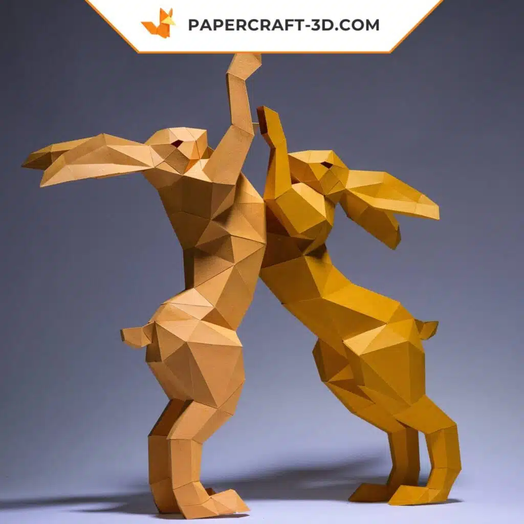 Papercraft de combate de coelhos em origami 3D