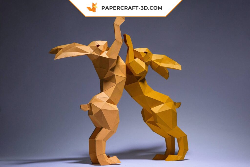 Papercraft de combate de coelhos em origami 3D