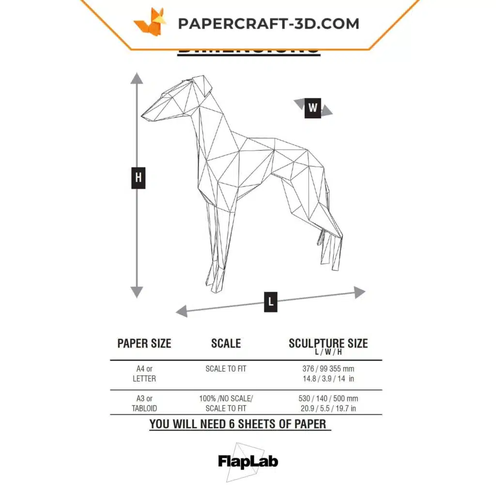 Papercraft Italienisches Windspiel stehend als 3D-Origami, 3D-Modell