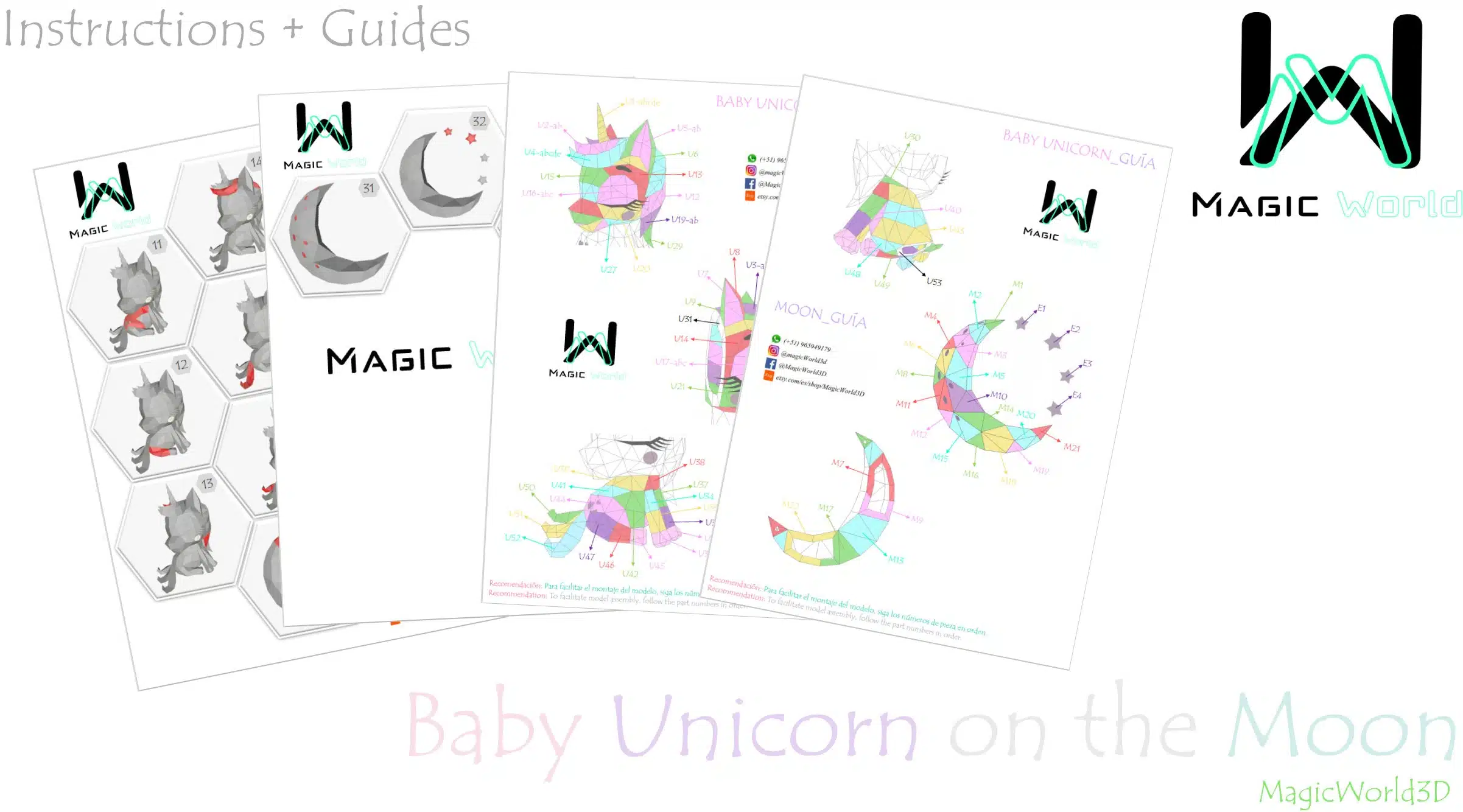 Papercraft licorne bébé sur la lune en origami papier 3D