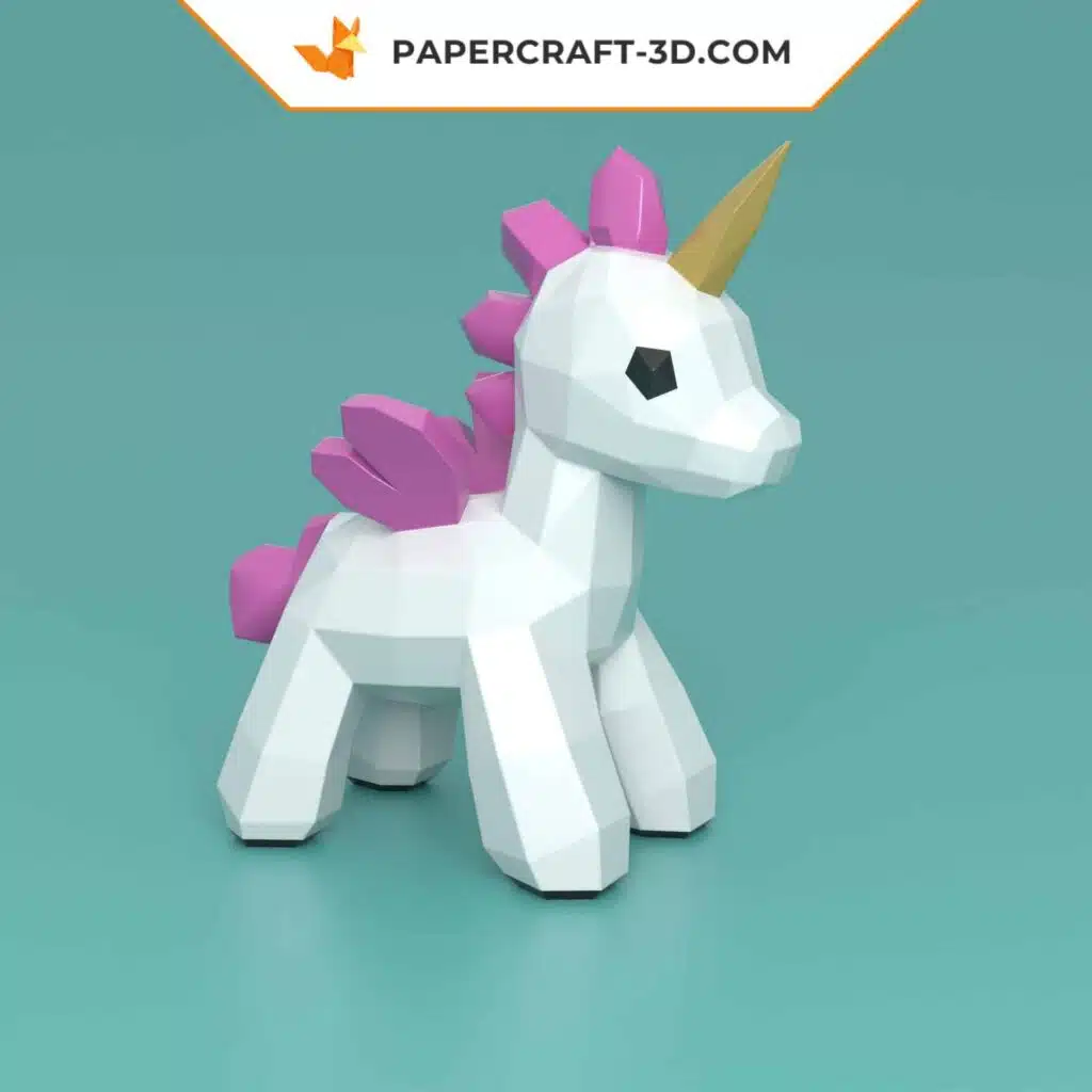 Papercraft de unicornio rosa lindo en origami 3D