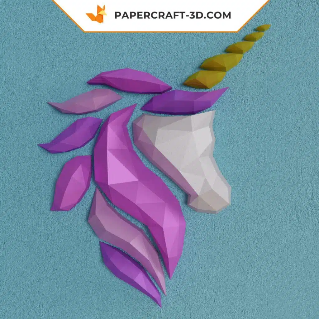 Papercraft cabeça de unicórnio de parede rosa e roxa em origami 3D