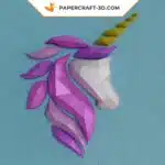 Papercraft cabeça de unicórnio de parede rosa e roxa em origami 3D