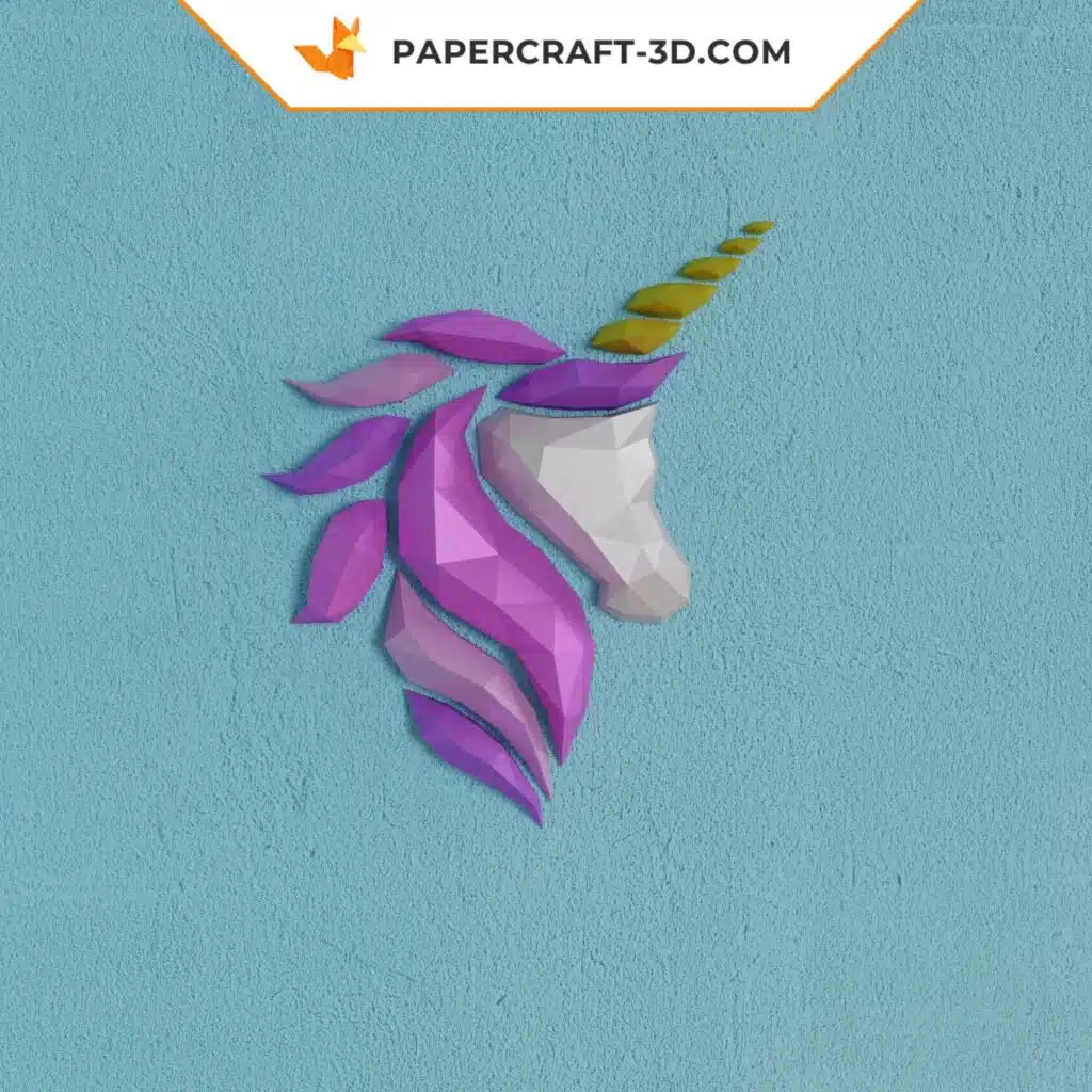 Wand-Papercraft Einhornkopf rosa-violett als 3D-Origami