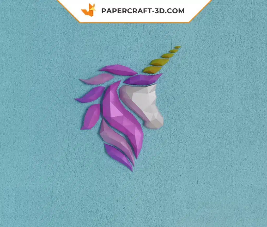 Papercraft cabeça de unicórnio de parede rosa e roxa em origami 3D