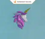 Papercraft cabeça de unicórnio de parede rosa e roxa em origami 3D