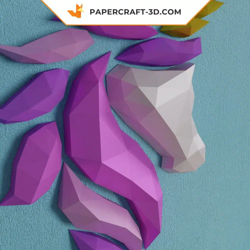 Papercraft cabeça de unicórnio de parede rosa e roxa em origami 3D