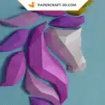 Papercraft cabeça de unicórnio de parede rosa e roxa em origami 3D