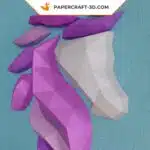 Papercraft cabeça de unicórnio de parede rosa e roxa em origami 3D