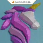 Papercraft cabeça de unicórnio de parede rosa e roxa em origami 3D