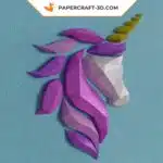 Papercraft cabeça de unicórnio de parede rosa e roxa em origami 3D