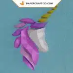 Papercraft cabeça de unicórnio de parede rosa e roxa em origami 3D