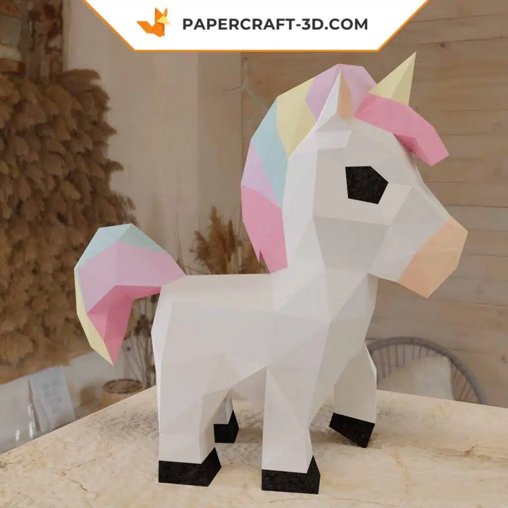 Papercraft licorne arc-en-ciel en origami 3D