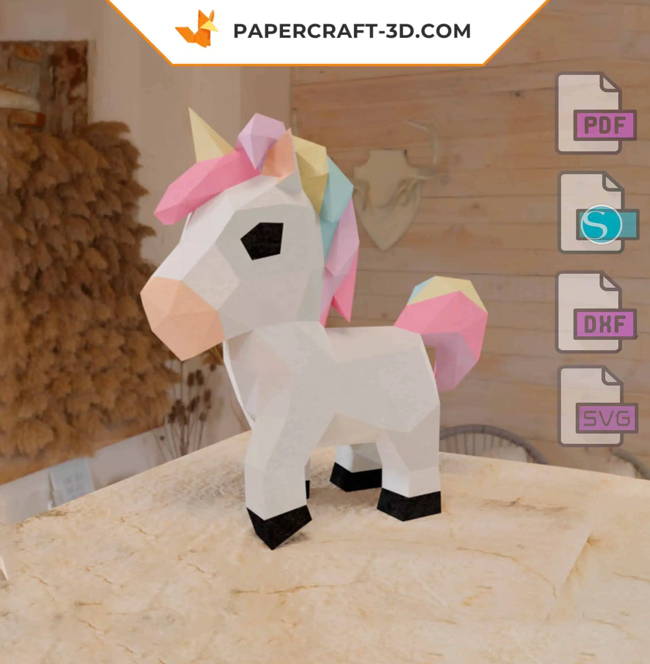 Papercraft licorne en origami papier 3D PDF, SVG, Silhouette Studio, DXF