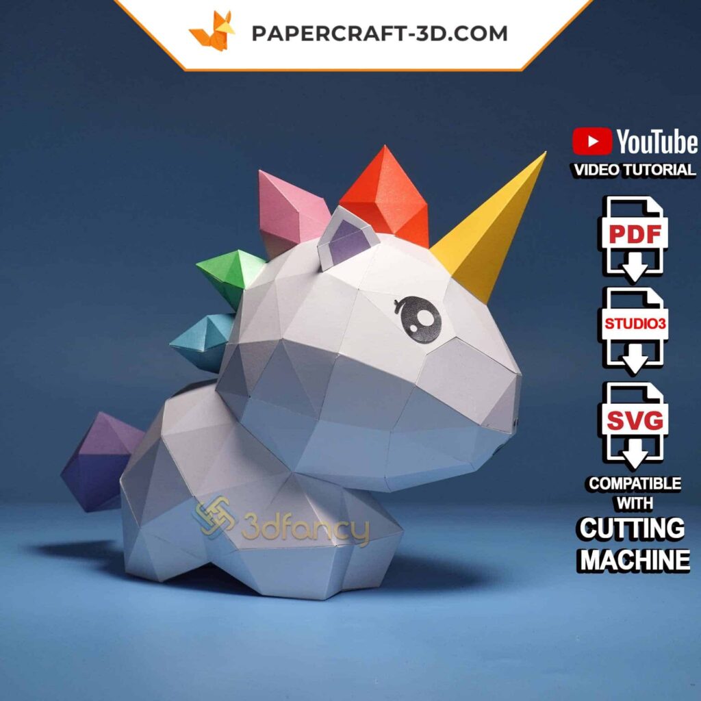 Papercraft de unicórnio fofo em origami 3D