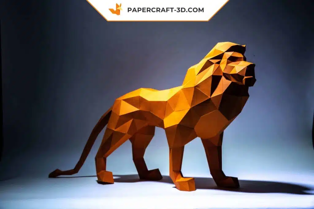 Papercraft leão em pé em origami 3D