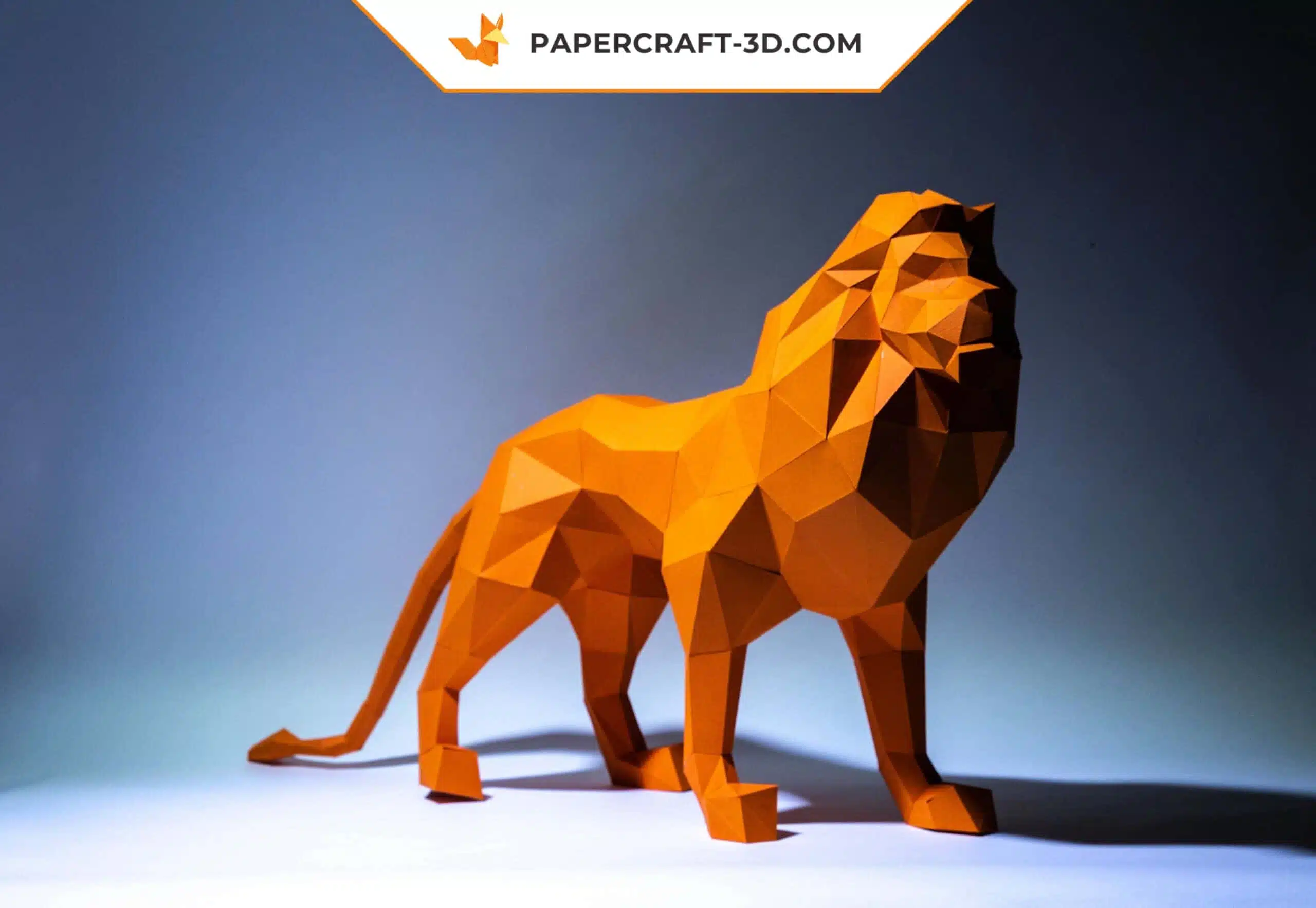 Papercraft leão em pé em origami 3D, vista lateral