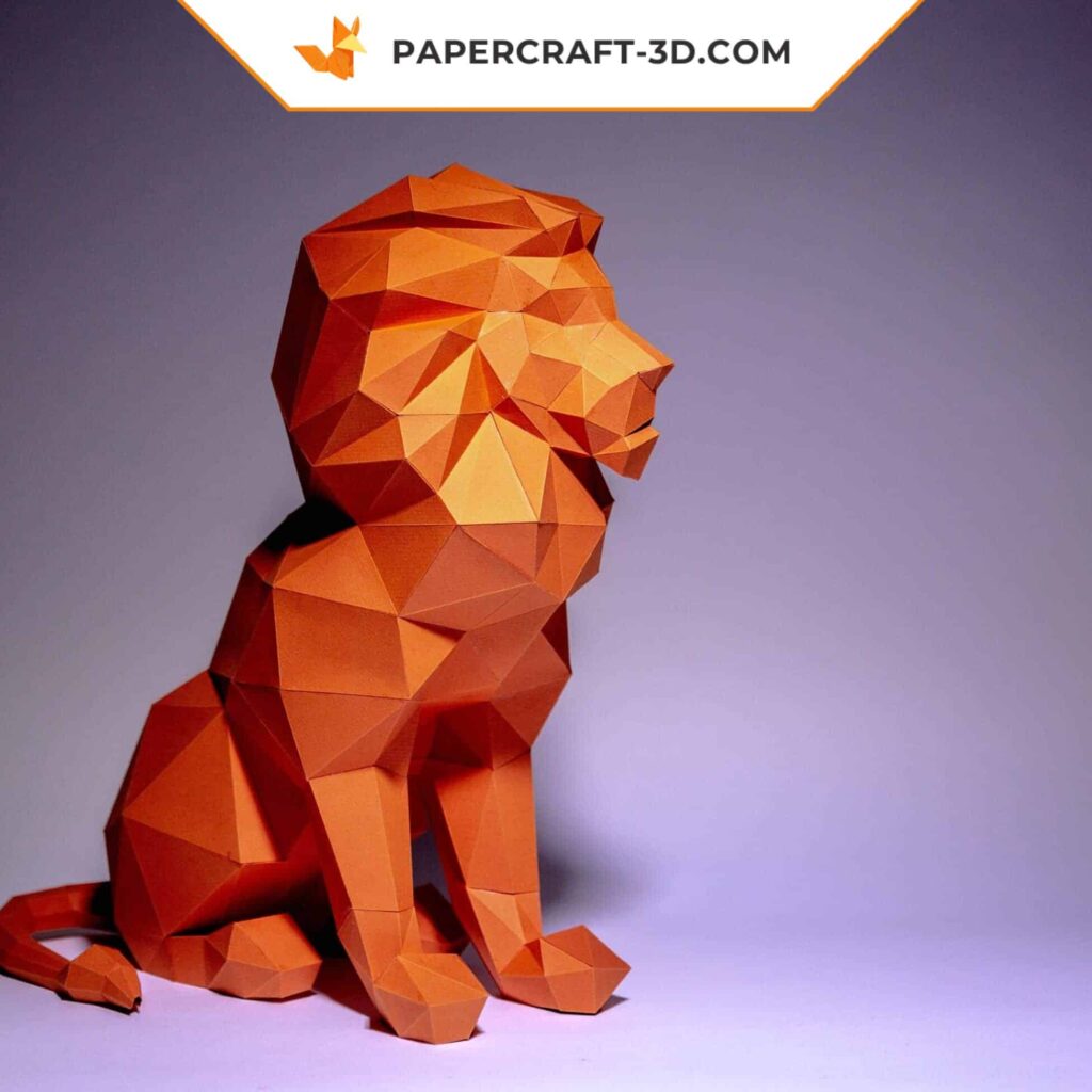 Papercraft sitting lion in 3D origami